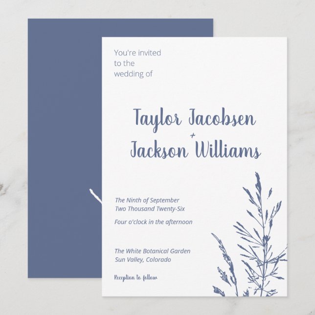 Invitación Boda azul y blanco minimalista (Anverso / Reverso)
