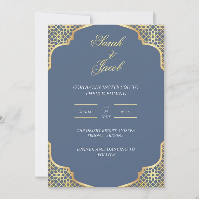 Invitación boda azul y blanco polvoriento (Anverso)