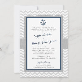 Invitación Boda azul y gris de la Marina de Ancla y Chevron