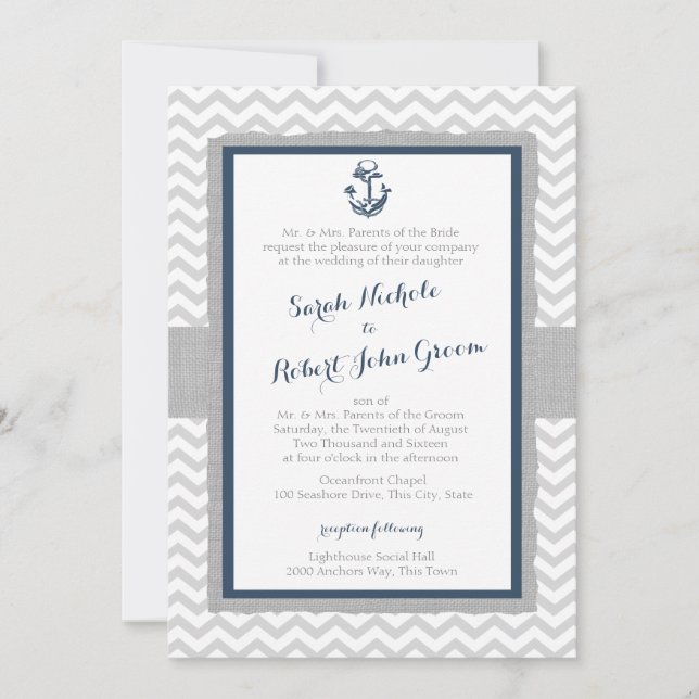 Invitación Boda azul y gris de la Marina de Ancla y Chevron (Anverso)