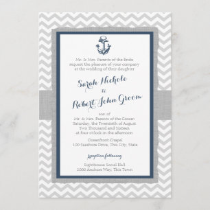 Invitación Boda azul y gris de la Marina de Ancla y Chevron