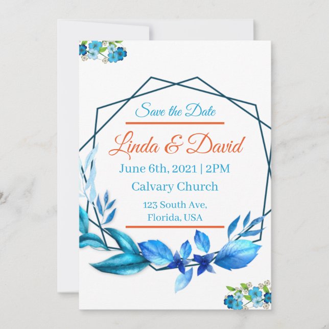 Invitación Boda azul y Naranja Guardar la fecha (Anverso)