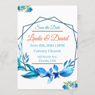 Invitación Boda azul y Naranja Guardar la fecha