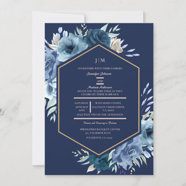 Invitación Boda azul y oro de la Marina floral moderna (Anverso)