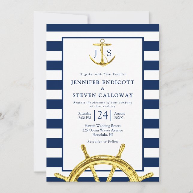 Invitación Boda azul y oro de la Marina Náutica clásica (Anverso)
