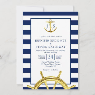 Invitación Boda azul y oro de la Marina Náutica clásica