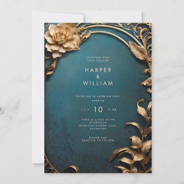 Invitación Boda azul y oro encantado (Anverso)