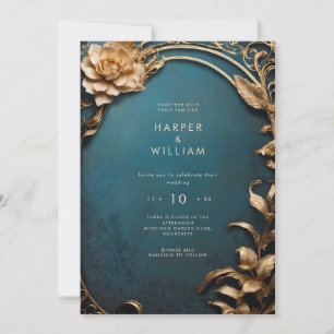 Invitación Boda azul y oro encantado