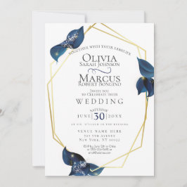 Invitación Boda | Azul y oro índigo profundo moderno