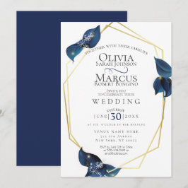 Invitación Boda | Azul y oro índigo profundo moderno