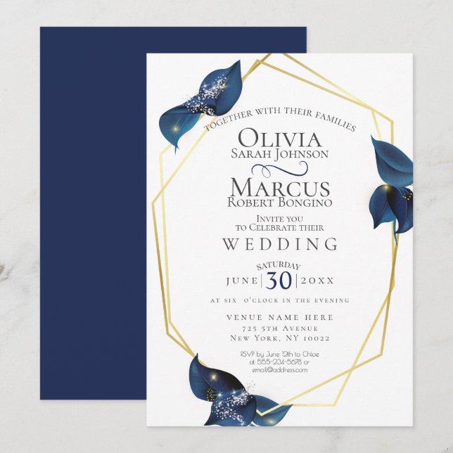 Invitación Boda | Azul y oro índigo profundo moderno (Anverso / Reverso)