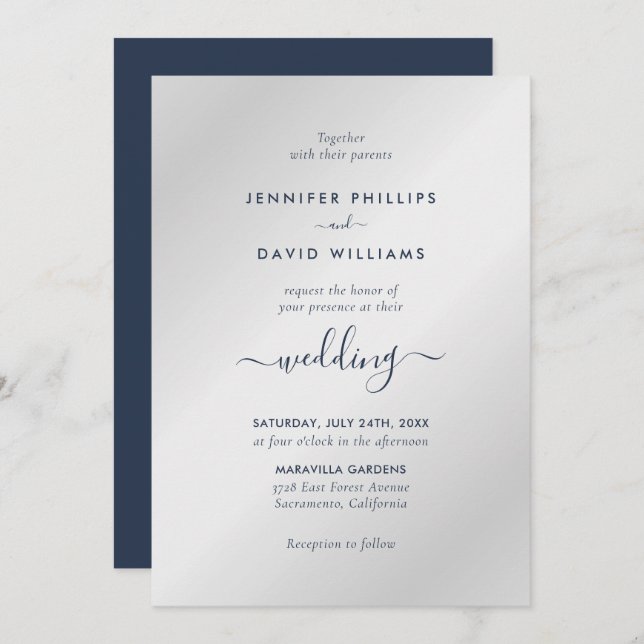 Invitación Boda azul y plateado de la marina de escritura mod (Anverso / Reverso)