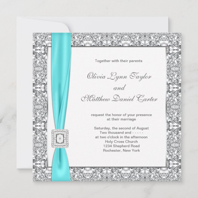 Invitación Boda azul y plateado verde azulado (Anverso)