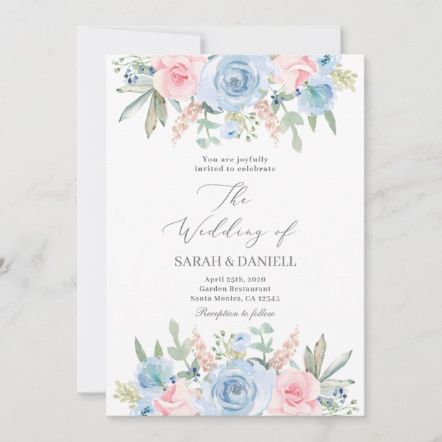 Invitación Boda azul y rosa (Anverso)