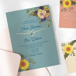 Invitación Boda azul y rosa amarillo anaranjado Floral Boho