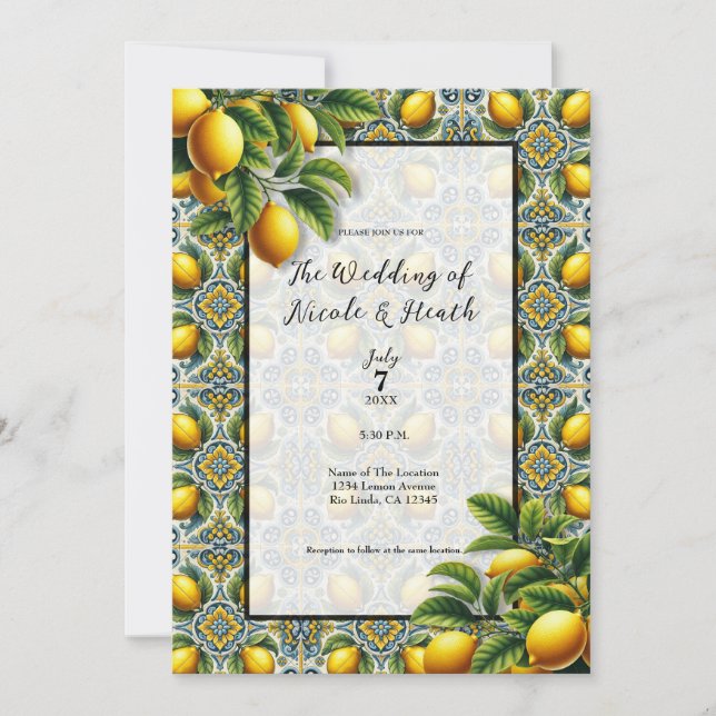 Invitación Boda Azulejo Amarillo Azul Capri Limón Mediterráne (Anverso)