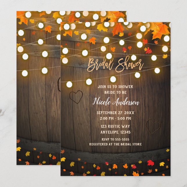 Invitación Boda: Barril de Madera Hojas de Otoño y Luces (Anverso / Reverso)