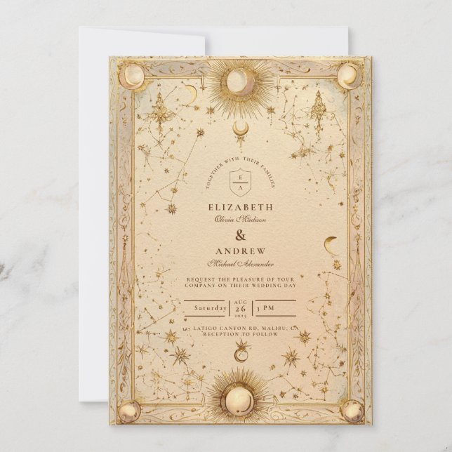 Invitación Boda Barroca Celestial Dorada (Anverso)