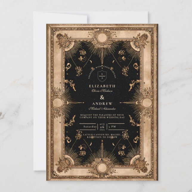 Invitación Boda barroca celestial negra y dorada (Anverso)