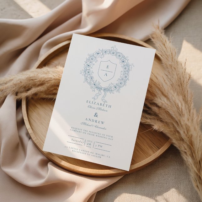 Invitación Boda barroca con cresta floral azul polvorienta (Subido por el creador)