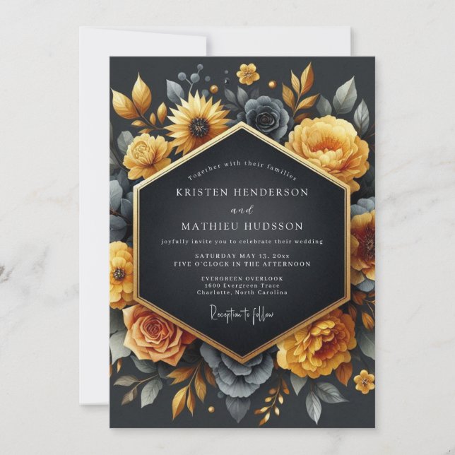 Invitación Boda Barroca de Carbón Ocre (Anverso)
