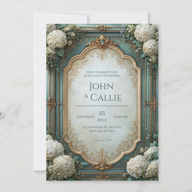 Invitación Boda Barroca de Hortensias Turquesas (Anverso)