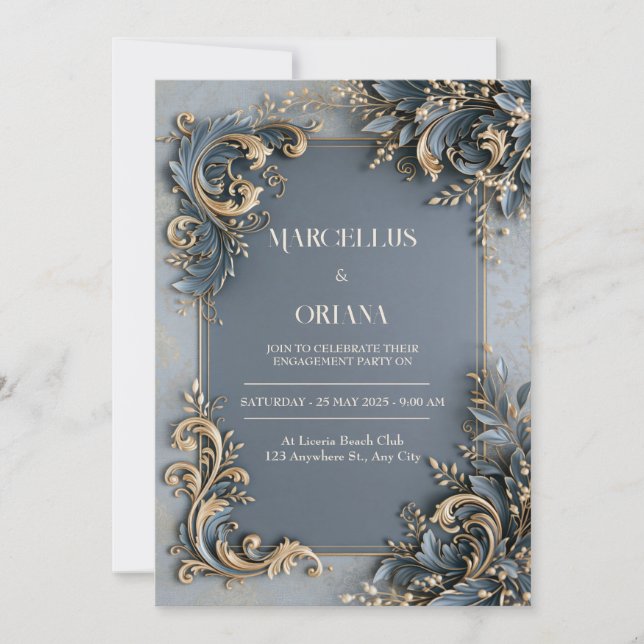 Invitación Boda Barroca de Oro Azul Pizarra (Anverso)