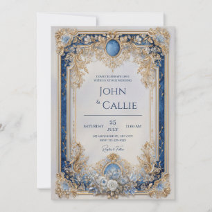Invitación Boda Barroca de Oro Azul Zafiro Victoriano Regio