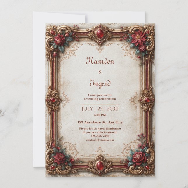 Invitación Boda Barroca de Oro Rubí (Anverso)