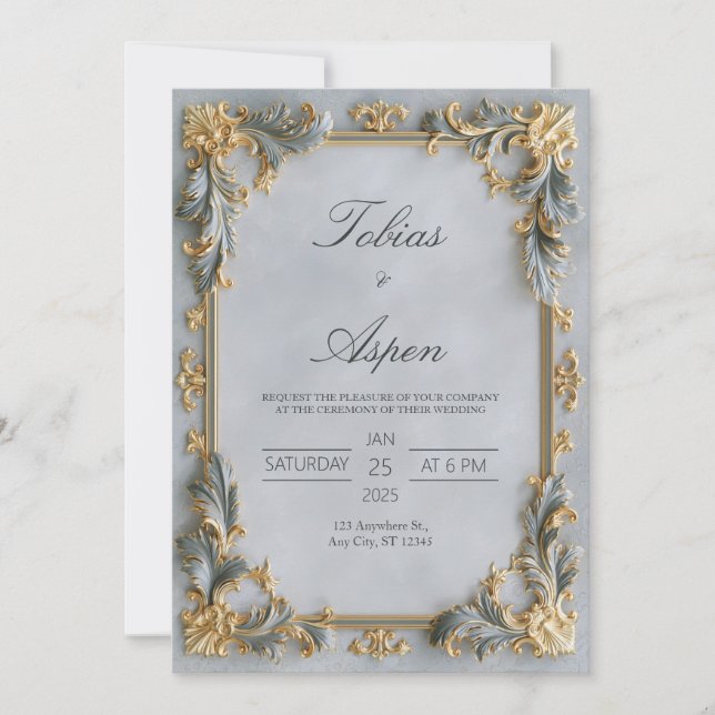 Invitación Boda Barroca de Plata Dorada (Anverso)