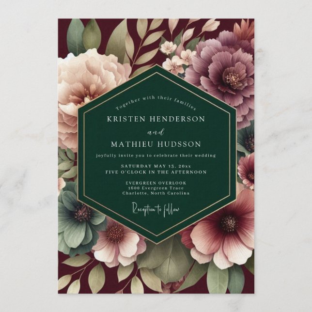 Invitación Boda Barroca Esmeralda Borgoña (Anverso)