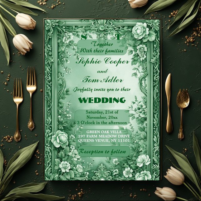 Invitación Boda Barroca Grandiosa del Jardín Rococó Verde (Green Rococo Garden Grand Baroque Opulence Wedding Invitation)