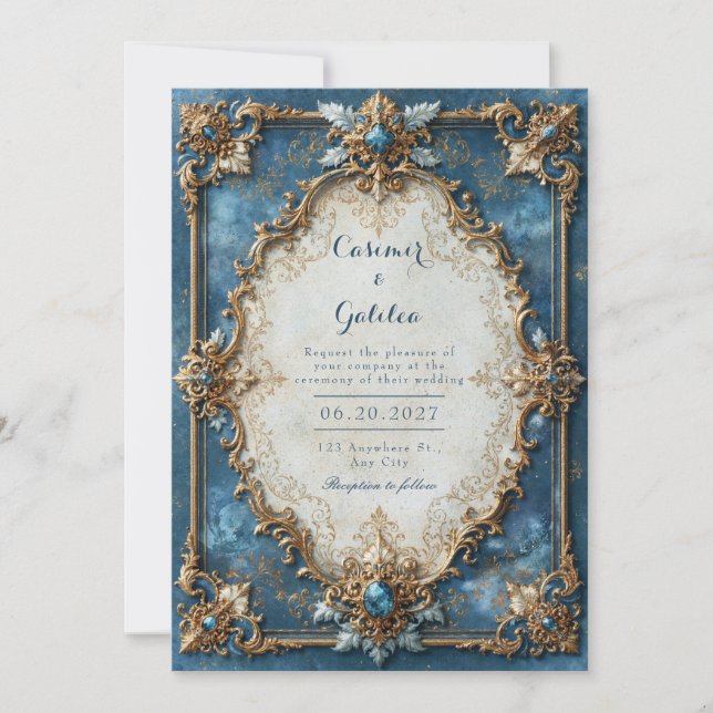 Invitación Boda Barroca Joya Azul (Anverso)
