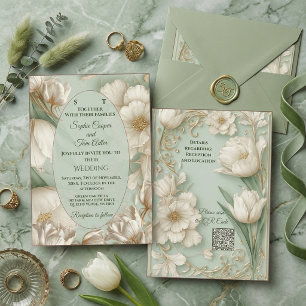 Invitación Boda Barroca Ornata de Tulipán Blanco Verde Salvia