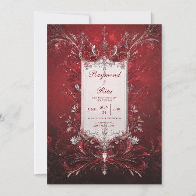 Invitación Boda Barroca Rojo Profundo de Filigrana de Plata (Anverso)