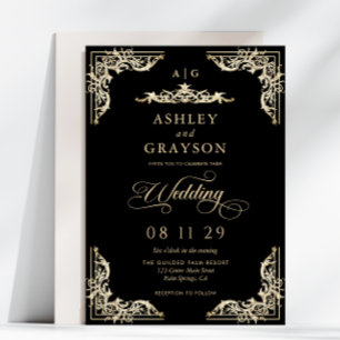 Invitación Boda barroca vintage de oro y negro