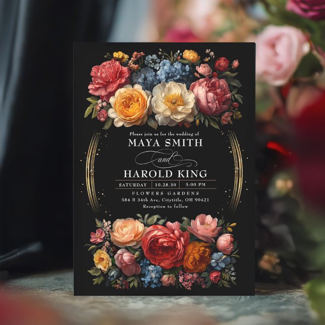 Invitación Boda barroco botánico floral negro Moody (Black Floral Botanical Moody Wedding Invitation)