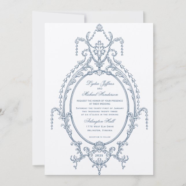 Invitación Boda barroco del Ornate Azul francés (Anverso)