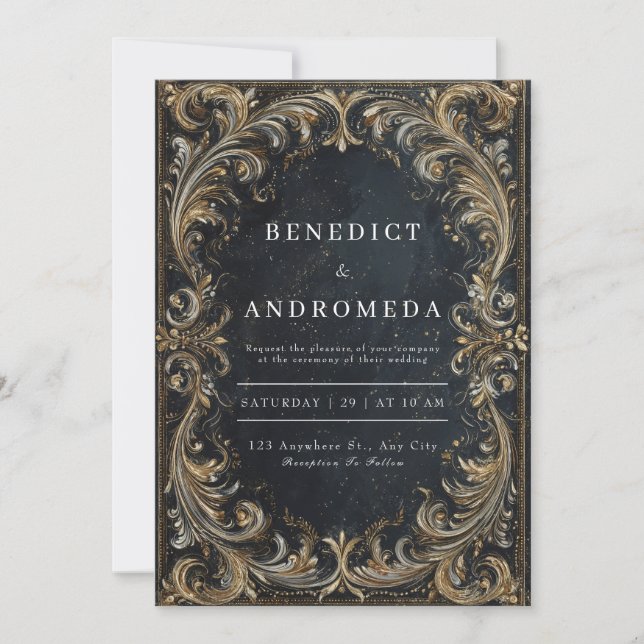 Invitación Boda barroco negro y dorado (Anverso)