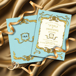 Invitación Boda Barroco Regencia Faux Gold Blue Bow