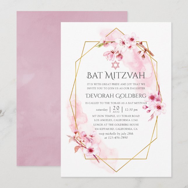 Invitación Boda Bat Mitzvah de Flor de Cerezo Rosa Geométrica (Anverso / Reverso)