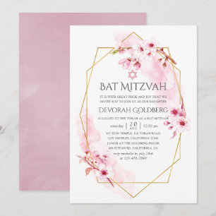 Invitación Boda Bat Mitzvah de Flor de Cerezo Rosa Geométrica