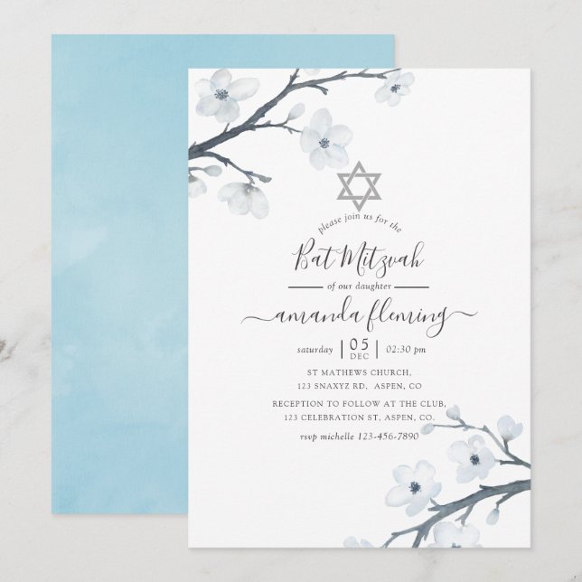 Invitación Boda Bat Mitzvah de flores de cerezo (Anverso / Reverso)