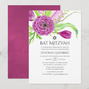 Invitación Boda Bat Mitzvah floral acuarela de ciruela