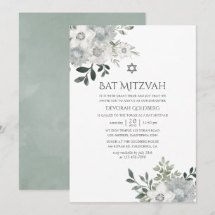 Invitación Boda Bat Mitzvah floral de plata acuarela Silver S
