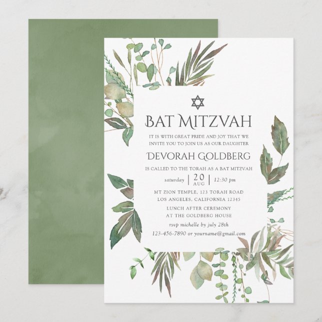 Invitación Boda Bat Mitzvah Geométrica con Vegetación (Anverso / Reverso)
