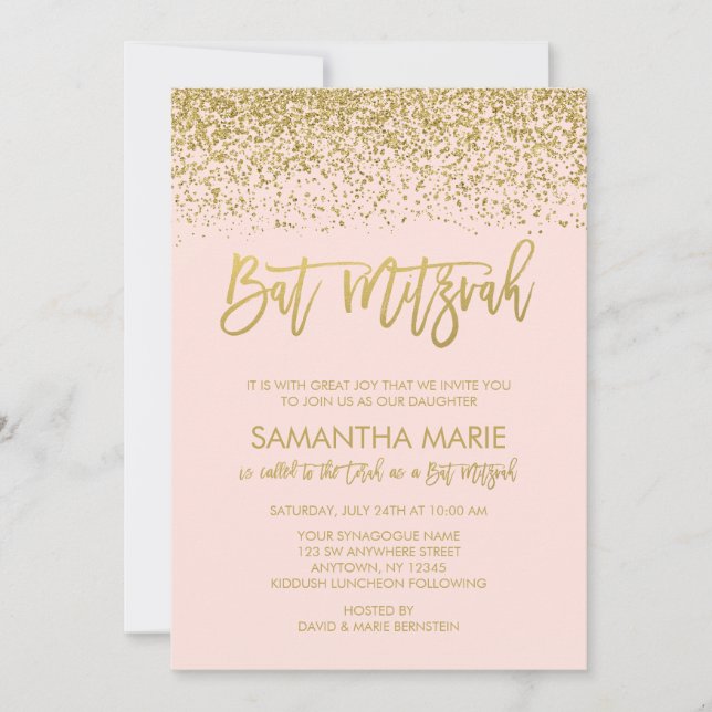 Invitación Boda Bat Mitzvah moderna con brillo dorado falso y (Anverso)