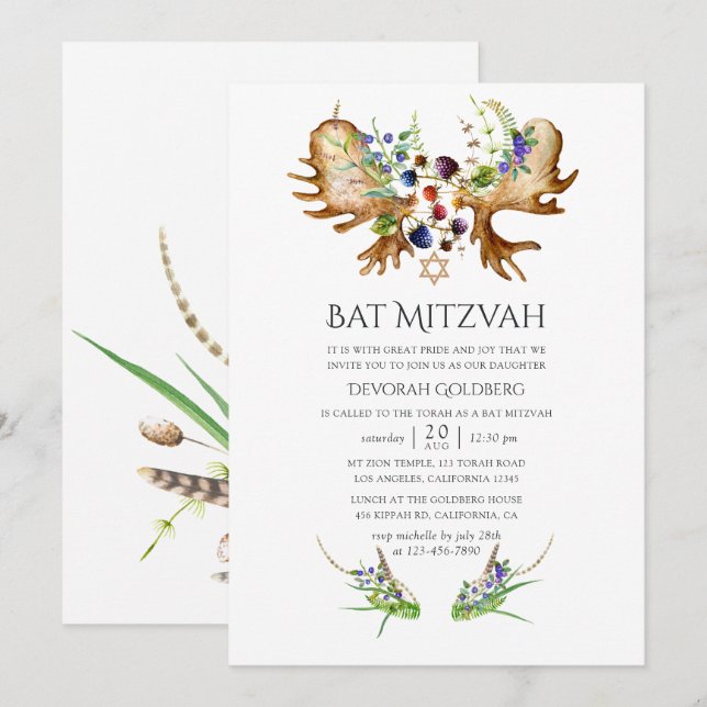 Invitación Boda Bat Mitzvah Rústica Acuarela Bosque (Anverso / Reverso)