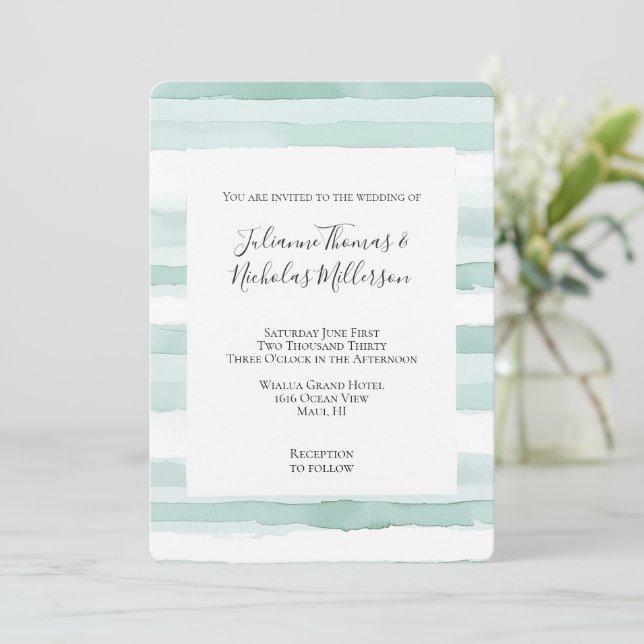 Invitación Boda Beach Aqua Mint Stripes (Anverso de pie)