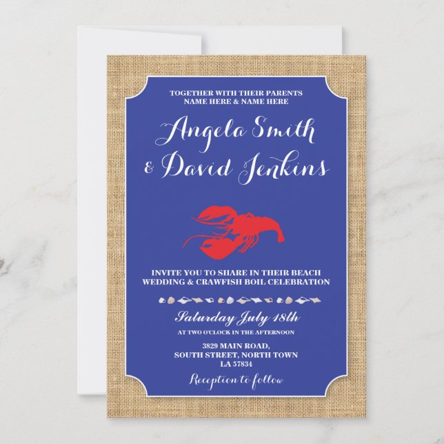 Invitación Boda Beach Burlap Crawfish Boil Lobster Invite (Anverso)